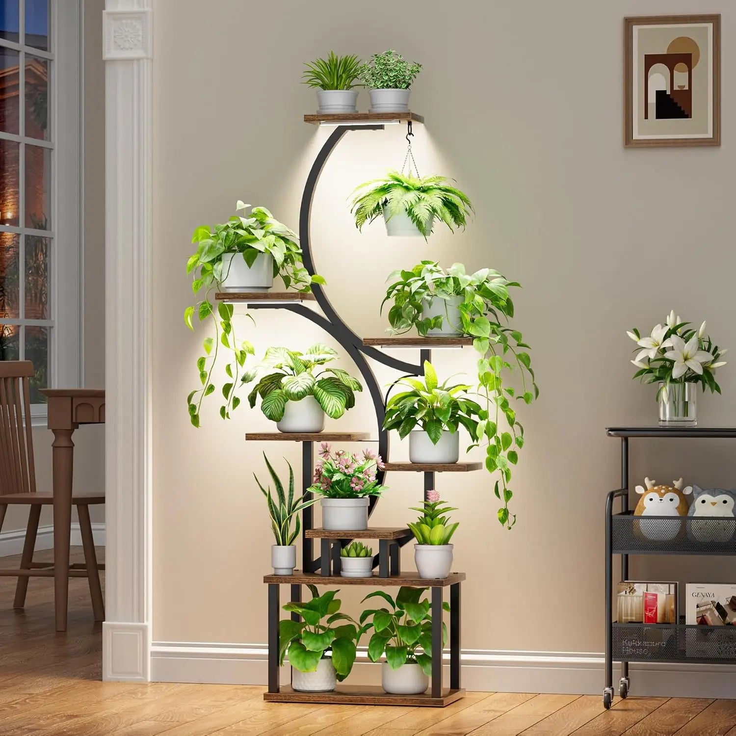 Plant Stands for Indoor Growing, 8 Tiered Large Flower Holder, S-Shaped Decorative Rack for Living Room, Patent Design, Brown
