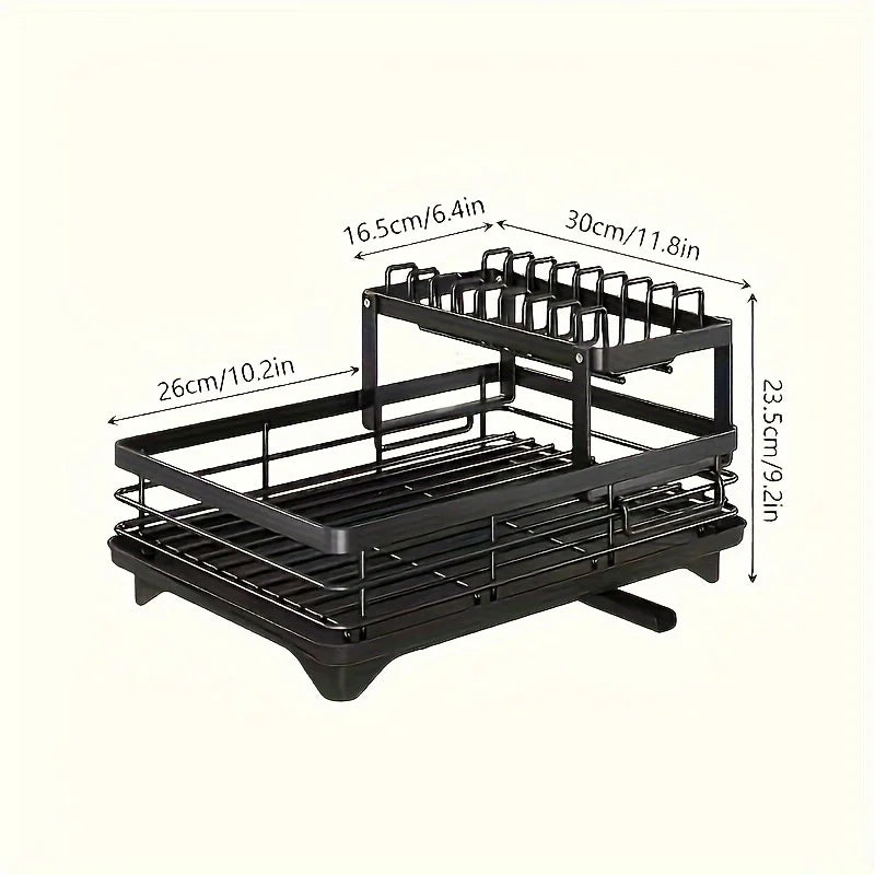 2-Layer Elevated Capacity Drain Rack with Water Tray Rust-Proof Dish Organizer for 4-6 Family Home Commercial Kitchens
