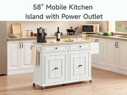 60" Mobile Kitchen Islands Rolling Trolleys Kitchen Island Table Drop Leaf Home Carts with Power Outlet Spice Towel Rack Trash