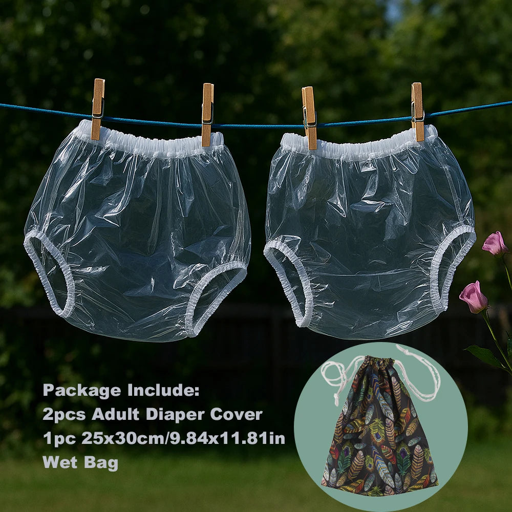 2pcs All-Day Comfort&amp; Adjustable Protection Adult Diaper Cover+1pc Wet Bag Washable Soft Transparent Teenagers Diaper Cover
