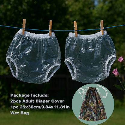 2pcs All-Day Comfort&amp; Adjustable Protection Adult Diaper Cover+1pc Wet Bag Washable Soft Transparent Teenagers Diaper Cover