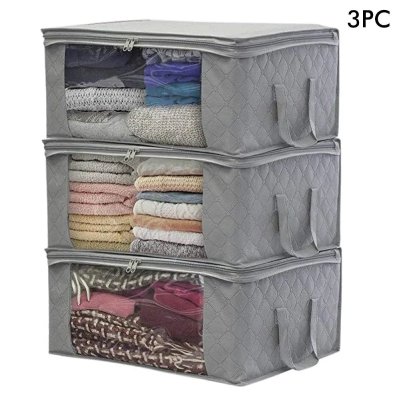 1/3pcs Large Capacity Clothing Storage Box Folding Non Woven Fabric Quilts Clothes Organizer Case With Zipper Organizers