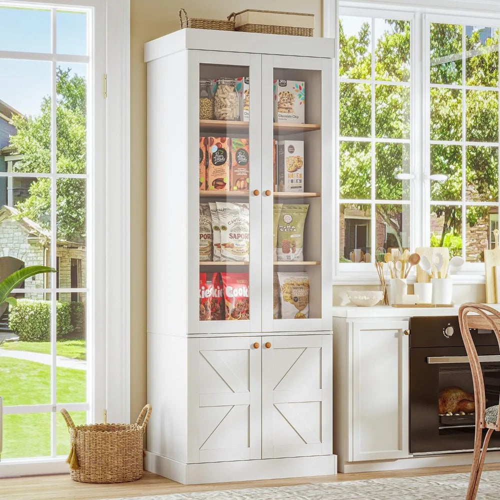 71" high rustic white farmhouse kitchen pantry cabinet with glass doors &amp; adjustable shelves