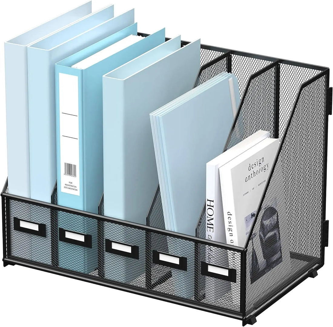 Metal Desk Magazine File Holder with 5 Vertical Compartments Rack File Organizer for Office Desktop, Home Workspace, Black