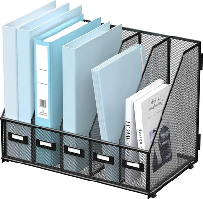 Metal Desk Magazine File Holder with 5 Vertical Compartments Rack File Organizer for Office Desktop, Home Workspace, Black