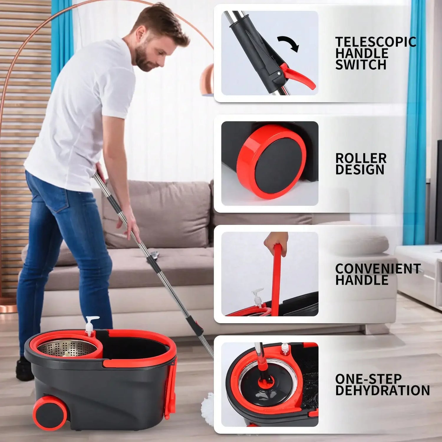 Heavy Duty Rolling Spin Mop Bucket Set with Wringer, 3 Microfiber Mop Heads, Adjustable Handle for Home Floor Cleaning”