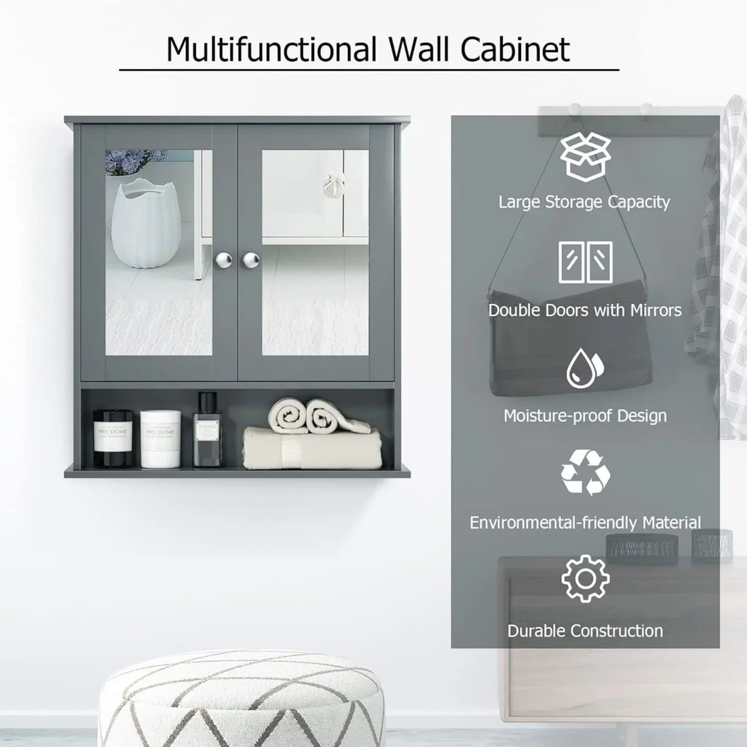 Bathroom Cabinet Wall Mounted with Double Mirror Doors, Wooden Hanging Organizer with Doors and Shelves, Bathroom Wall Mirror