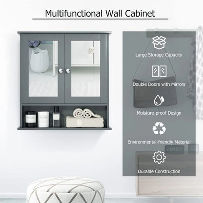 Bathroom Cabinet Wall Mounted with Double Mirror Doors, Wooden Hanging Organizer with Doors and Shelves, Bathroom Wall Mirror