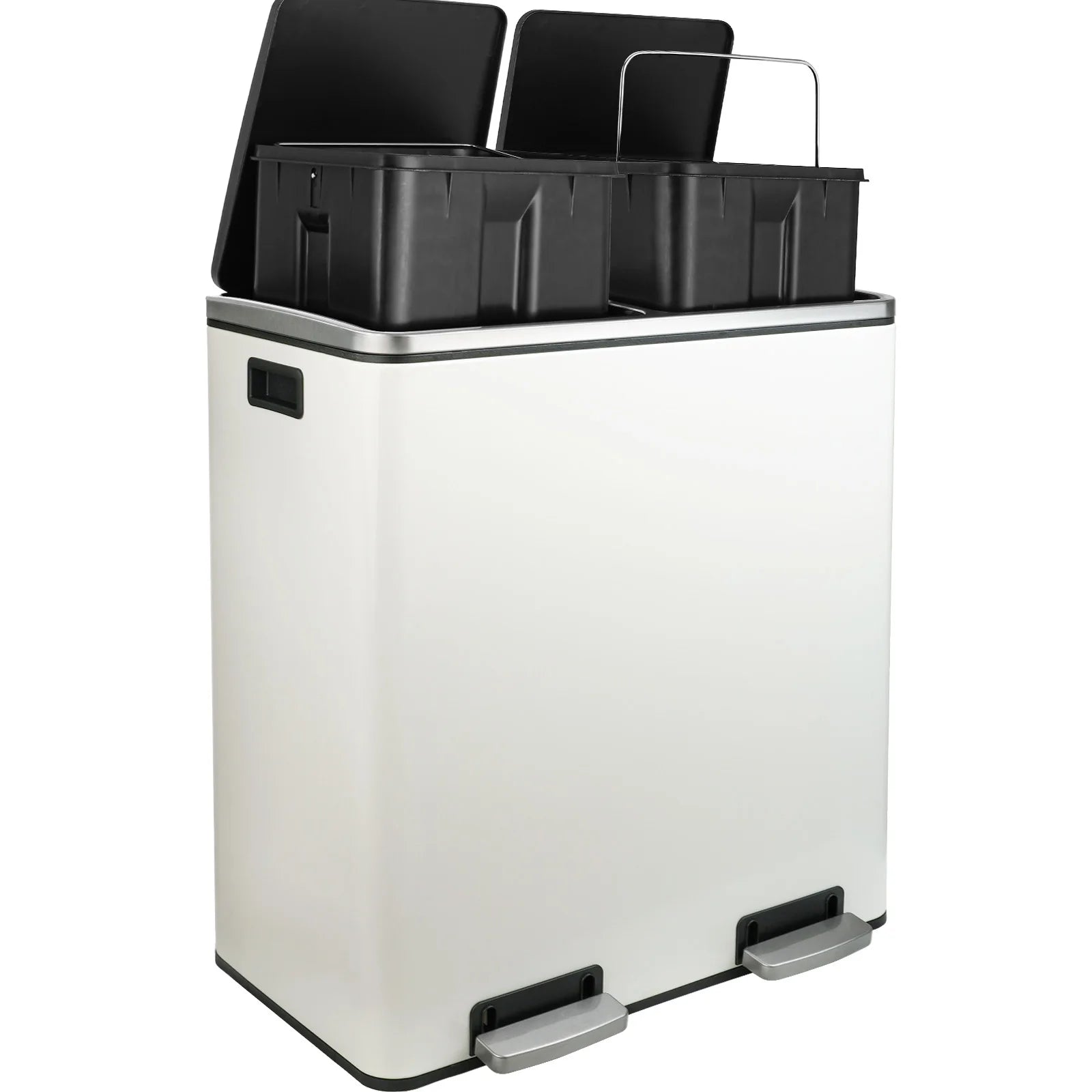 AOOU 16 Gallon Stainless Steel Trash Can, 60L Dual Compartment, Metal Kitchen Step Recycle Bin, Metal Double Dustbin, in-Home