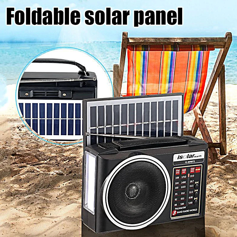 Portable FM/AM/SW Radio Solar Charging Multi Band Emergency Radios Receiver Bluetooth Speaker with Flashlight TF USB for Walk