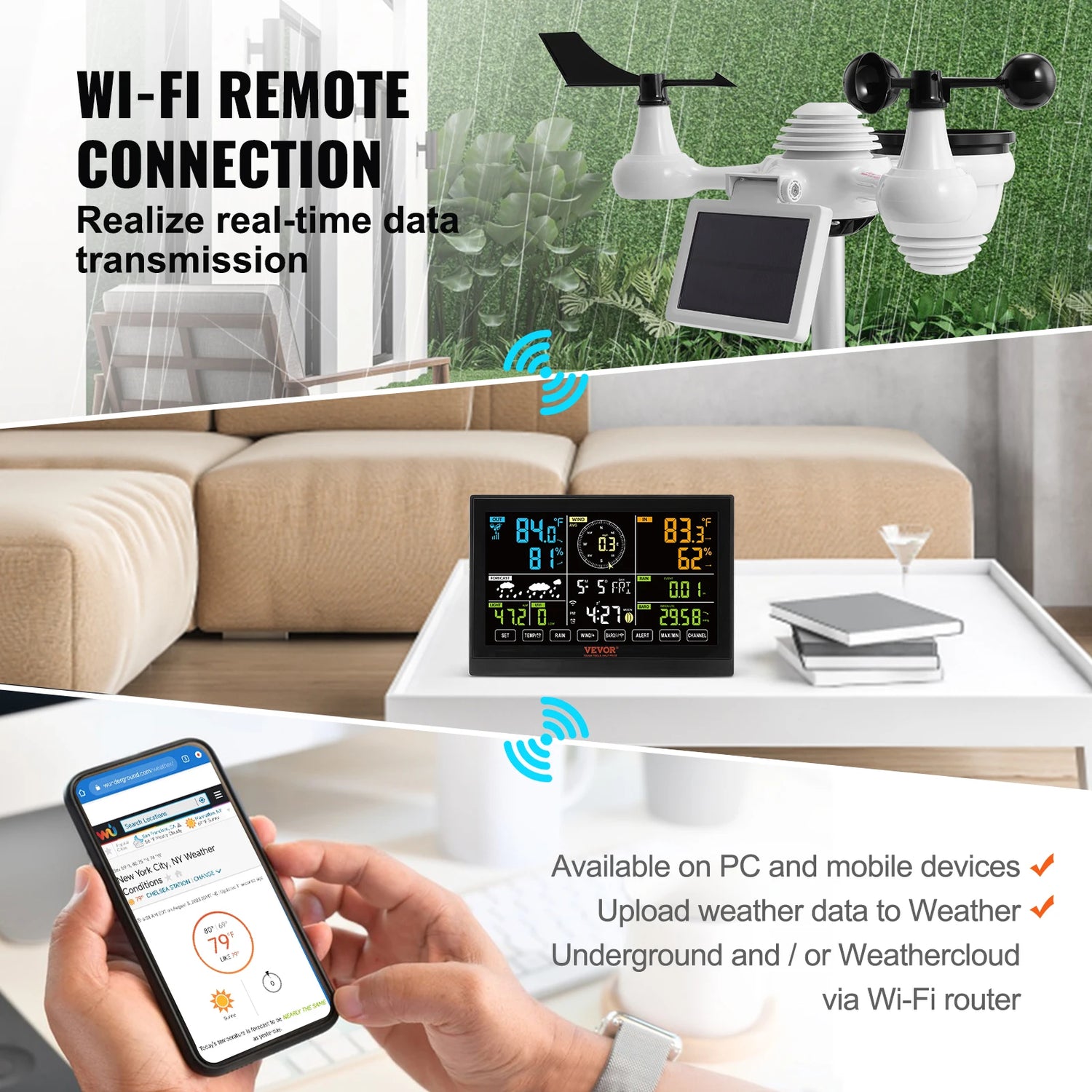 SucceBuy 7-in-1 Wi-Fi Weather Station 7.5 in Color Display + Solar Wireless Outdoor Sensor Alarm Alerts for Temperature Humidity