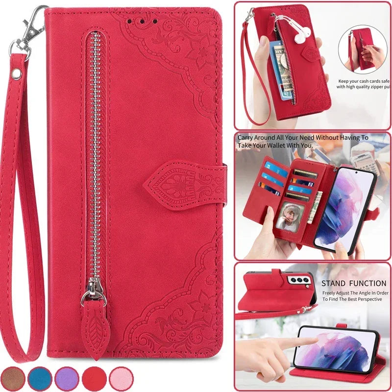 Lanyard Zipper Flip Wallet Card Cover For Samsung Galaxy S25 Edge S24 Ultra S23 Plus S22 S21 FE A17 Magnetic Leather Phone Case