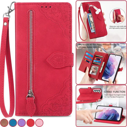 Lanyard Zipper Flip Wallet Card Cover For Samsung Galaxy S25 Edge S24 Ultra S23 Plus S22 S21 FE A17 Magnetic Leather Phone Case