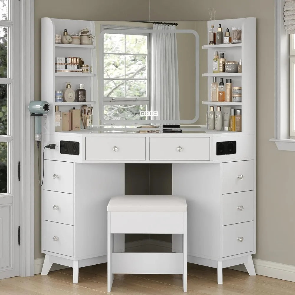 Corner Vanity Desk with Bluetooth Speaker, 8 Drawers &amp; 6 Shelves, Modern Vanity with Mirror and Lights, Makeup Vanity with Glass