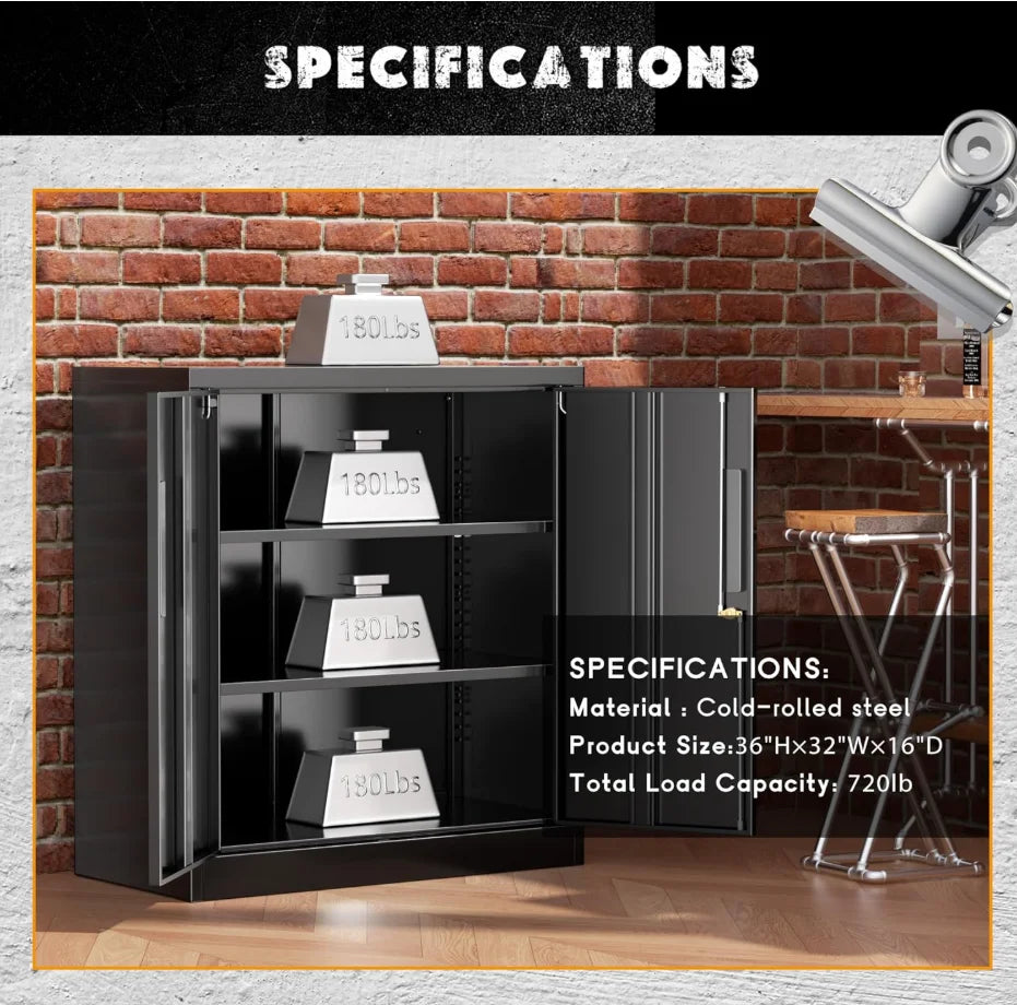 36" Metal Storage Cabinet with Wheels, Lockable Rolling Metal Garage Cabinets with 2 Doors and 4 Adjustable Shelves, Rolling To