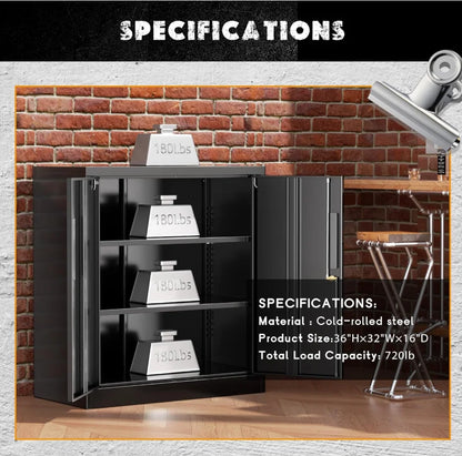 36" Metal Storage Cabinet with Wheels, Lockable Rolling Metal Garage Cabinets with 2 Doors and 4 Adjustable Shelves, Rolling To