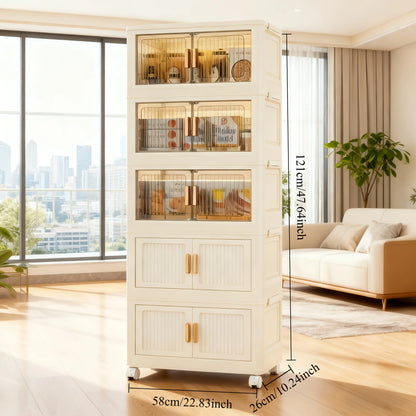 Oversized 3/4/5-Tier Foldable Storage w/ Wheels - No Assembly, Magnetic Doors, Clothes/Toys/Books - Living/Bedroom/Office