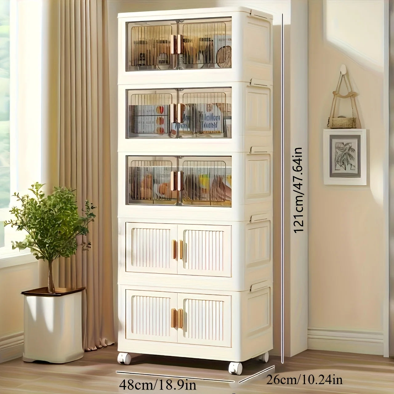 Oversized 3/4/5-Tier Foldable Storage w/ Wheels - No Assembly, Magnetic Doors, Clothes/Toys/Books - Living/Bedroom/Office