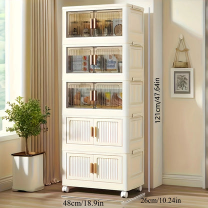 Oversized 3/4/5-Tier Foldable Storage w/ Wheels - No Assembly, Magnetic Doors, Clothes/Toys/Books - Living/Bedroom/Office