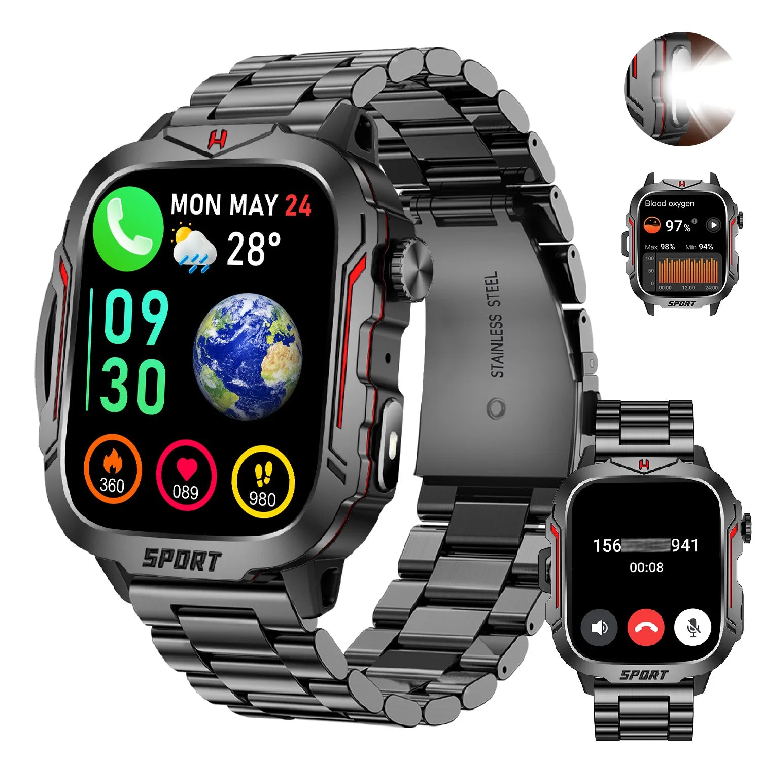 Flashlight Smart Watch for Men/Women, 1.96&