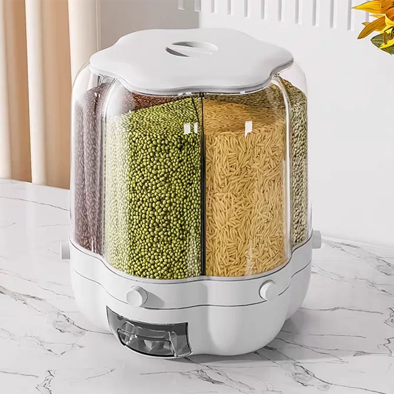 Rotating Food Storage Containers Rice Distributor Transparent Large Capacity Beans Grain Container With Lid