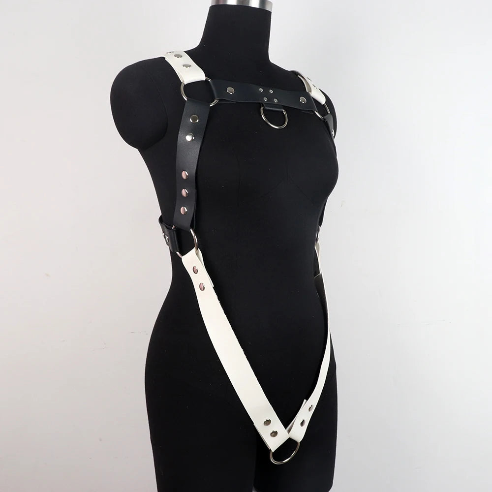 Men Chest Harness Belt Black and White Punk Body Harness Belt, Buckle Clothes Outfits Shoulder Straps Nightclub Cosplay Clubwear