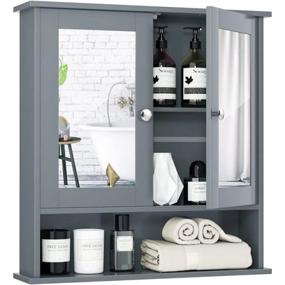 Bathroom Cabinet Wall Mounted with Double Mirror Doors, Wooden Hanging Organizer with Doors and Shelves, Bathroom Wall Mirror