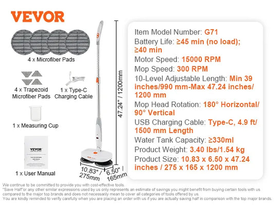 VEVOR Cordless Electric Mop Up to 40/70 mins Battery Electric Spin Mop with Dual Mop Heads for Hardwood/Tile Floor Cleaning