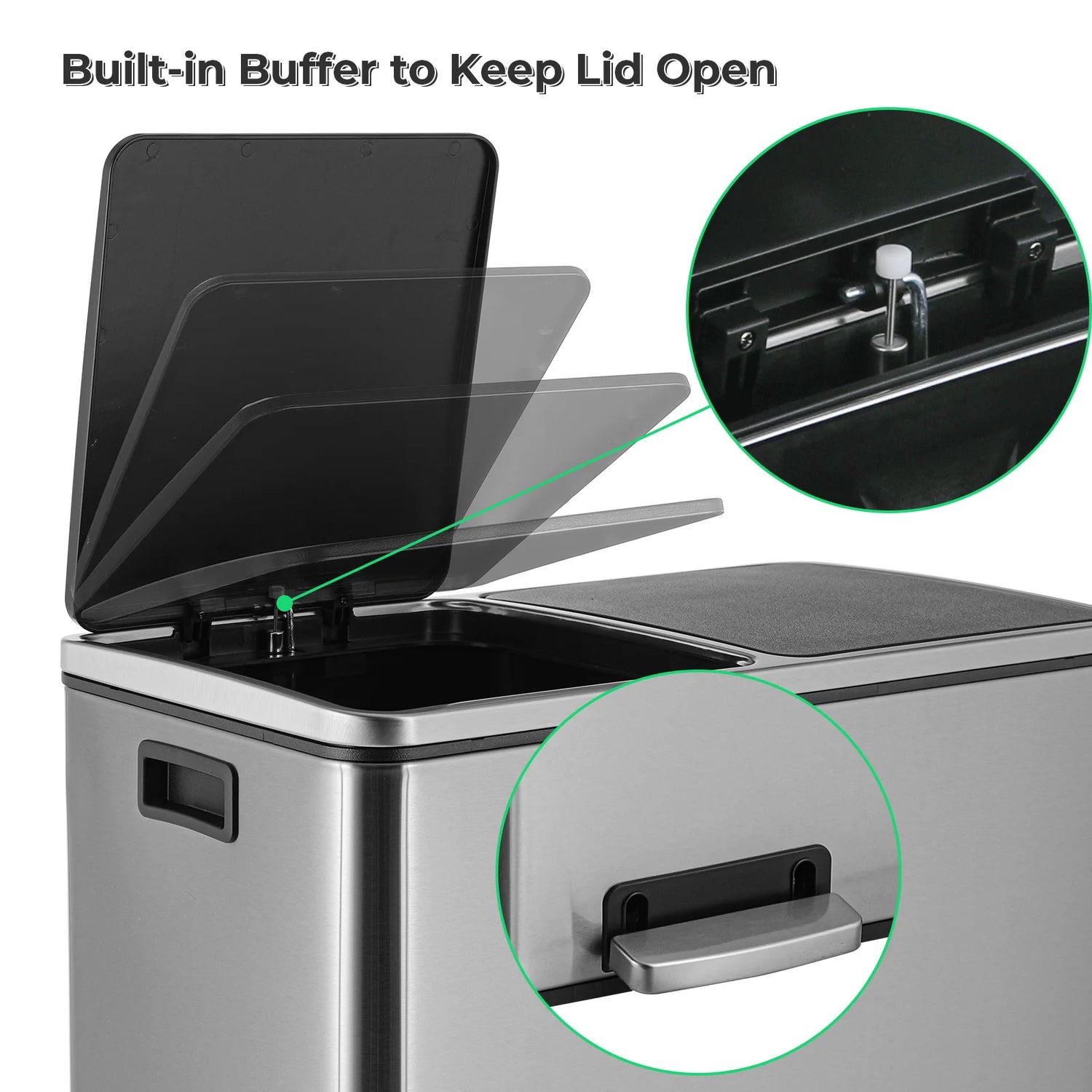 AOOU 16 Gallon Stainless Steel Trash Can, 60L Dual Compartment, Metal Kitchen Step Recycle Bin, Metal Double Dustbin, in-Home