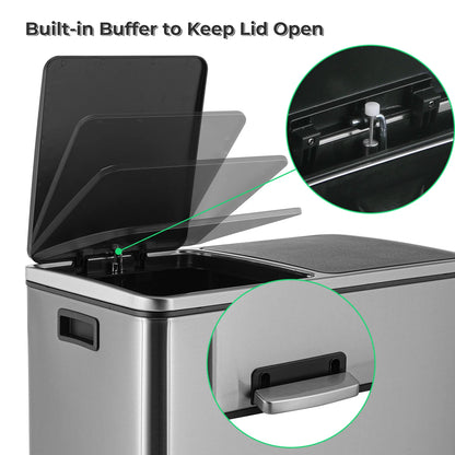 AOOU 16 Gallon Stainless Steel Trash Can, 60L Dual Compartment, Metal Kitchen Step Recycle Bin, Metal Double Dustbin, in-Home