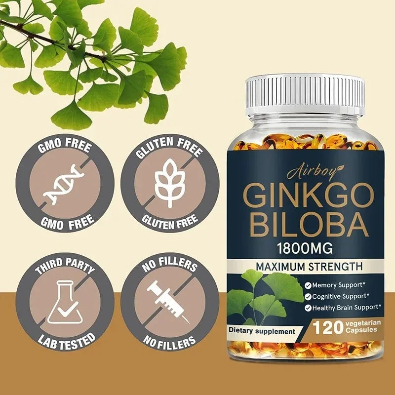 Ginkgo Biloba Capsules - Brain Health Supplement That Helps Blood Circulation, Metabolism and Energy Levels