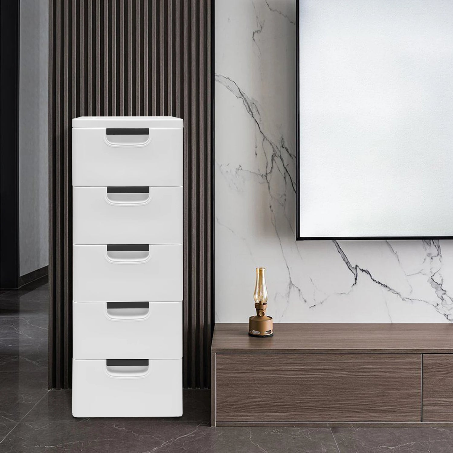 Plastic Drawers Dresser Storage Cabinet w/ Wheels,5 Drawer Stackable Vertical Clothes Storage Tower,Organizer Unit for Bathroom