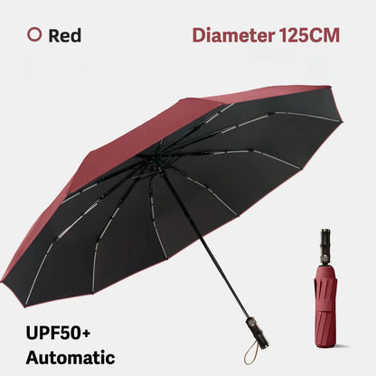 Windproof Automatic Folding Umbrella, 125CM Diameter Large Rain Umbrella, Sun UV UPF50+ Protection Umbrellas for Man and Women