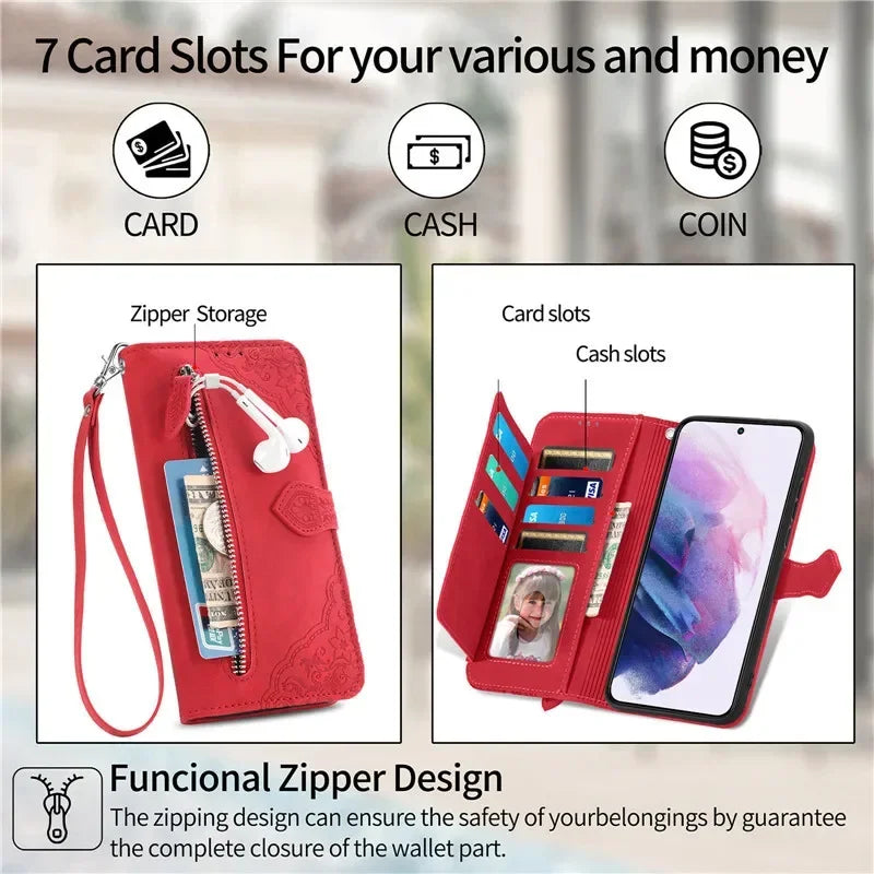 Lanyard Zipper Flip Wallet Card Cover For Samsung Galaxy S25 Edge S24 Ultra S23 Plus S22 S21 FE A17 Magnetic Leather Phone Case