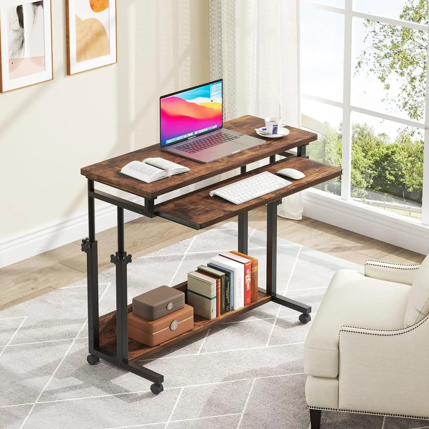 Portable Desk for Sofa and Bed,Height Adjustable Laptop Table,Rolling Computer Cart with Keyboard Tray on Wheels for Home Office