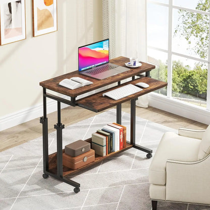 Portable Desk for Sofa and Bed,Height Adjustable Laptop Table,Rolling Computer Cart with Keyboard Tray on Wheels for Home Office