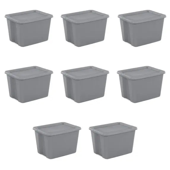 Large Storage Bin, 18 Gallon Plastic Storage Container with Snap-On Lid, Gray, 8 Count