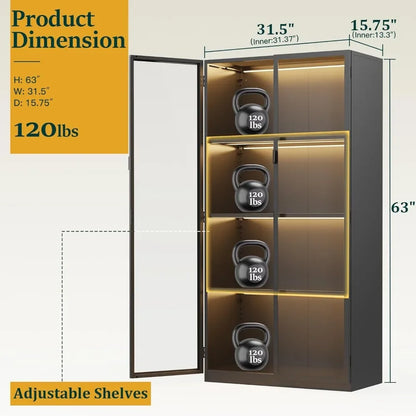 Display Cabinet with Glass Doors and LED Lights, Glass Display Case with 3 Adjustable Shelves,4 Tier of Storage Space Curio Cabi
