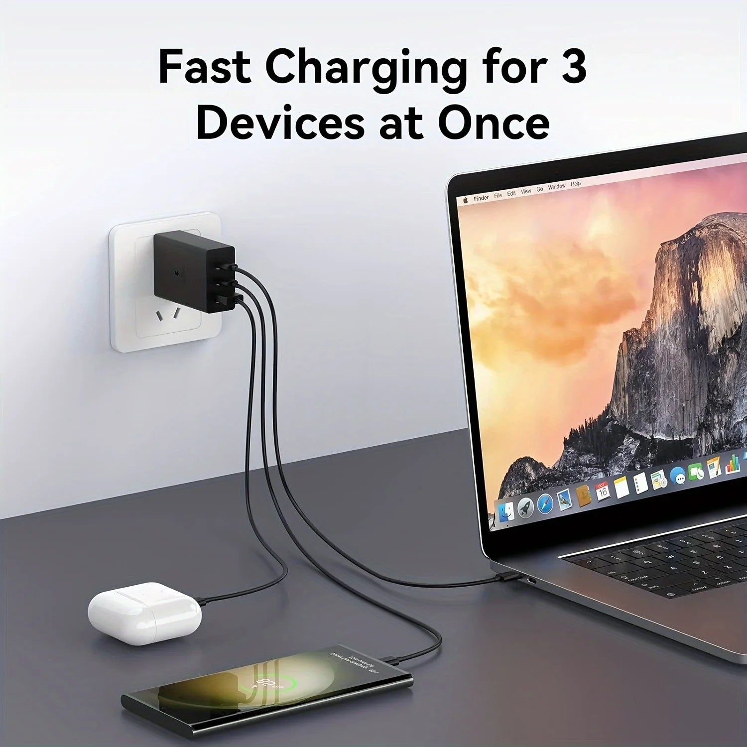 65W GaN USB C Charger 3-Port Fast Charging Adapter for Laptop &amp; Phone