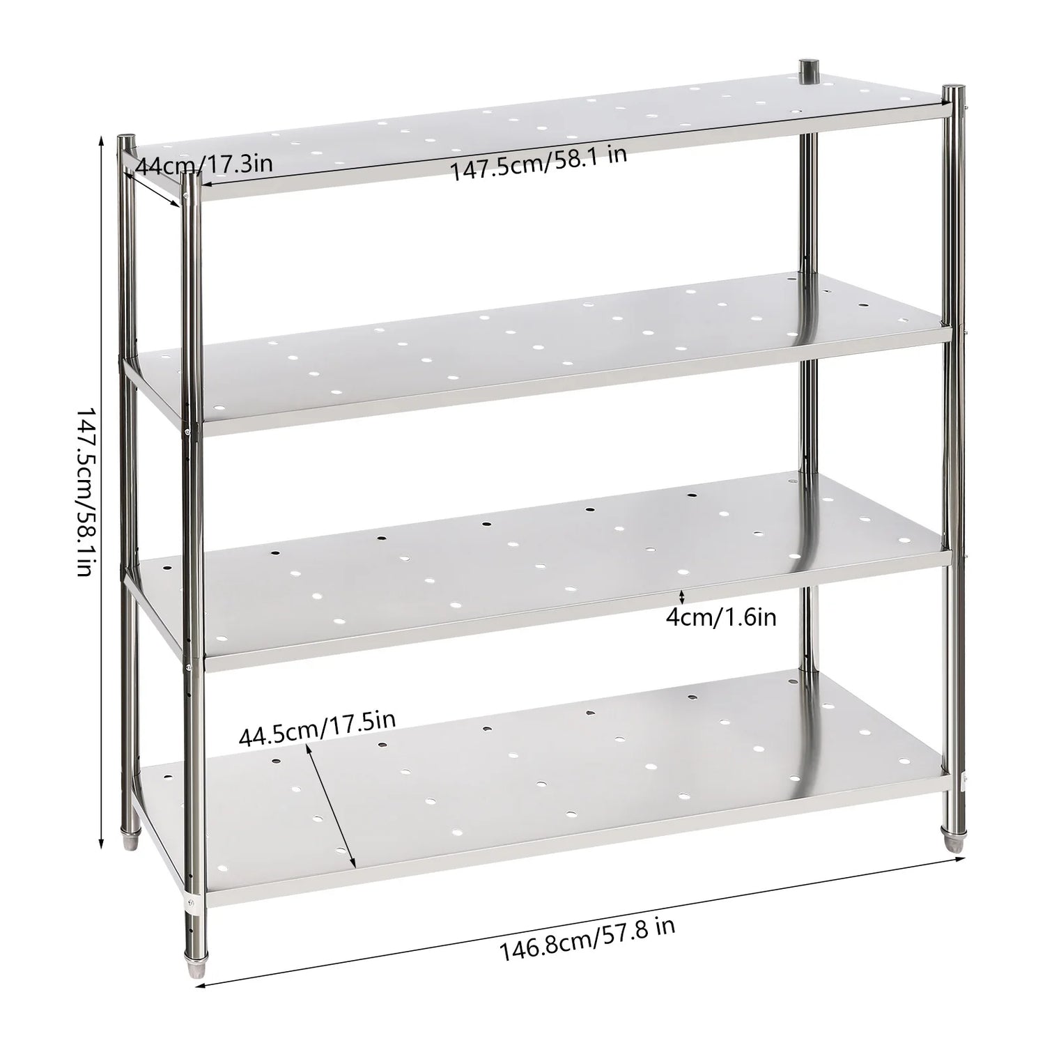 Stainless Steel Shelving, 4 Tier Adjustable Shelf Storage Heavy Duty Shelving Heightened Bottom for Storing and Displaying Goods