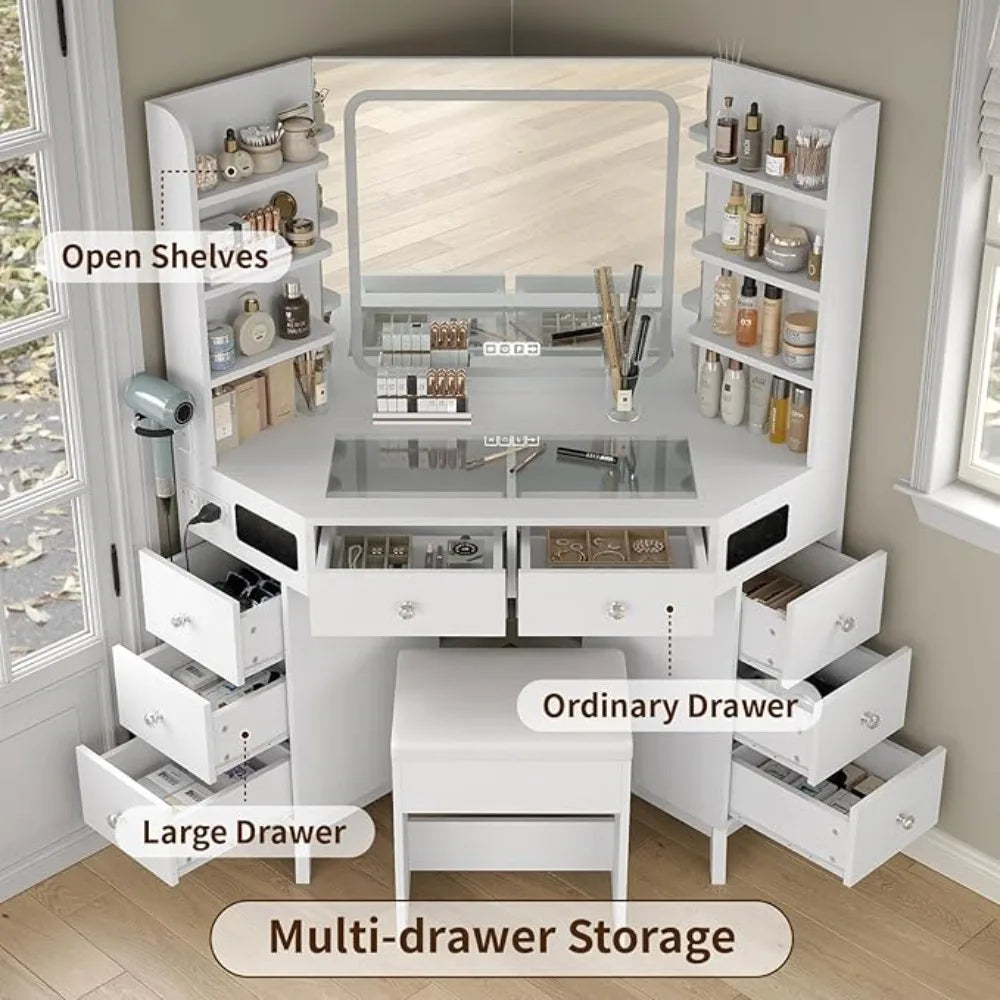 Corner Vanity Desk with Bluetooth Speaker, 8 Drawers &amp; 6 Shelves, Modern Vanity with Mirror and Lights, Makeup Vanity with Glass