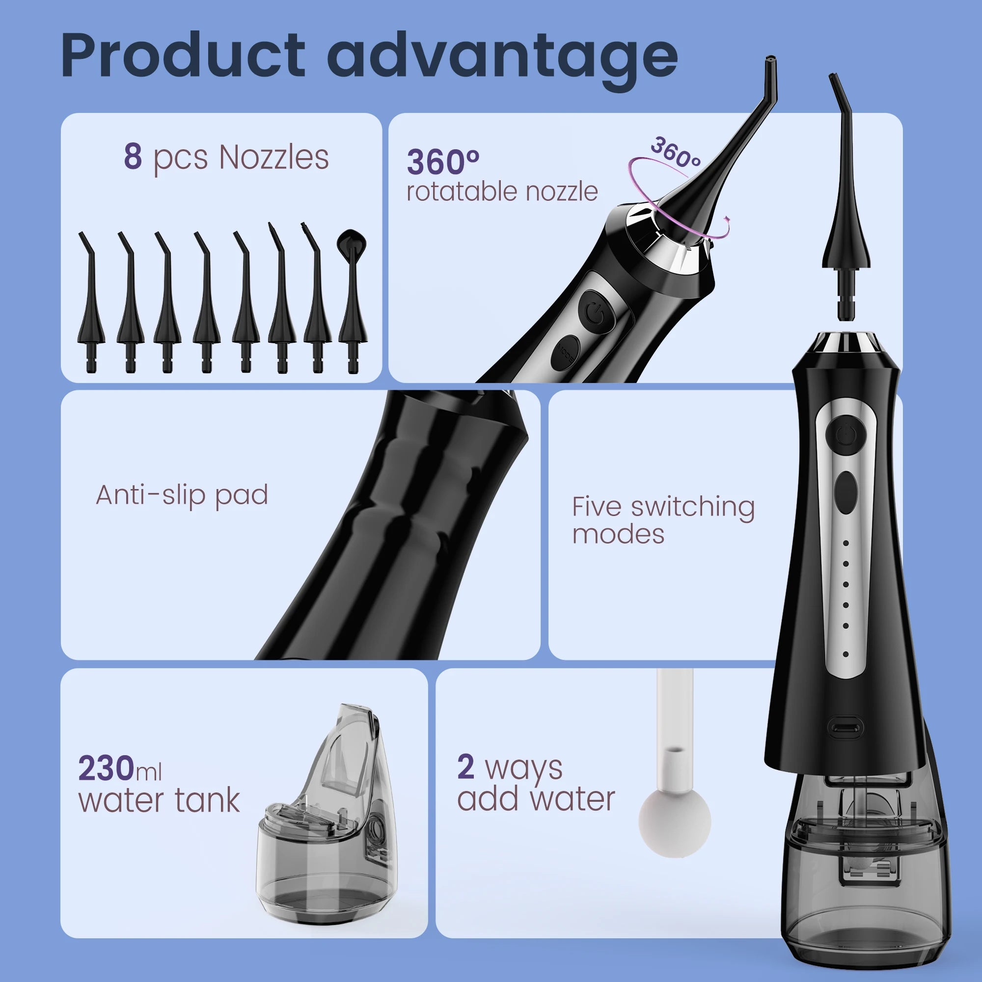 SEJOY Portable Electric Water Flosser Irrigator Dental Teeth Whitening strips 230ML Tank 5 Modes 5 Jet Tips For Home Travel