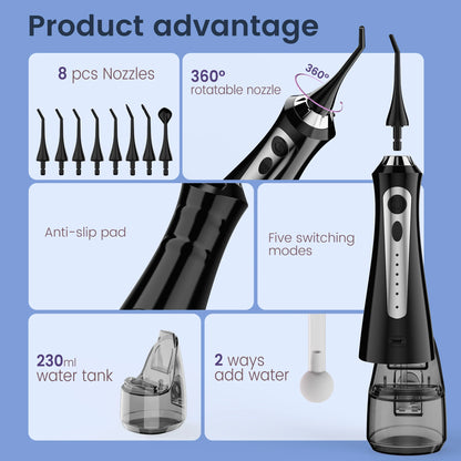 SEJOY Portable Electric Water Flosser Irrigator Dental Teeth Whitening strips 230ML Tank 5 Modes 5 Jet Tips For Home Travel