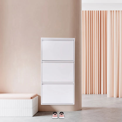 3-Tier Flip Shoe Storage Cabinet, Noiseless Soft Closing Dampers, Wall Mount/Freestanding,  Metal Shoe Rack for Entryway/Hallway