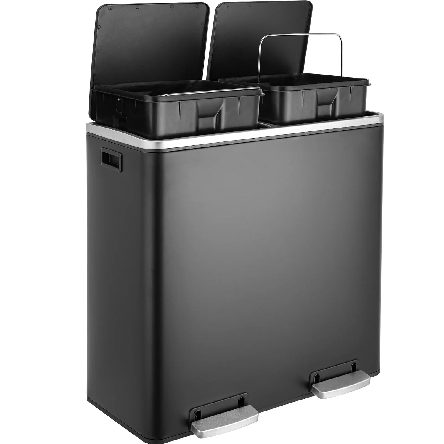 AOOU 16 Gallon Stainless Steel Trash Can, 60L Dual Compartment, Metal Kitchen Step Recycle Bin, Metal Double Dustbin, in-Home