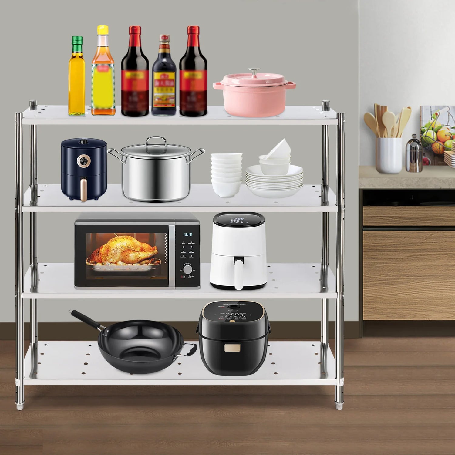Stainless Steel Shelving, 4 Tier Adjustable Shelf Storage Heavy Duty Shelving Heightened Bottom for Storing and Displaying Goods