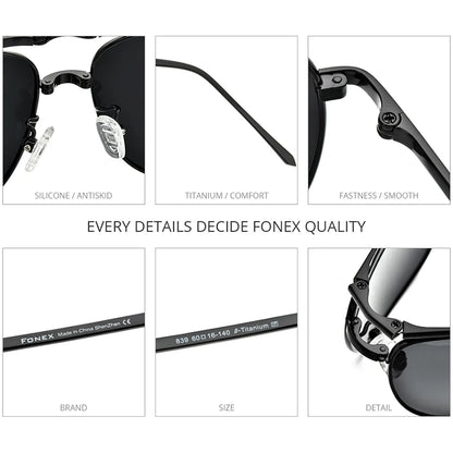 FONEX Pure Titanium Polarized Sunglasses Men Folding Square Sun Glasses for Women Ultralight High-Quality Japanese Shades 839