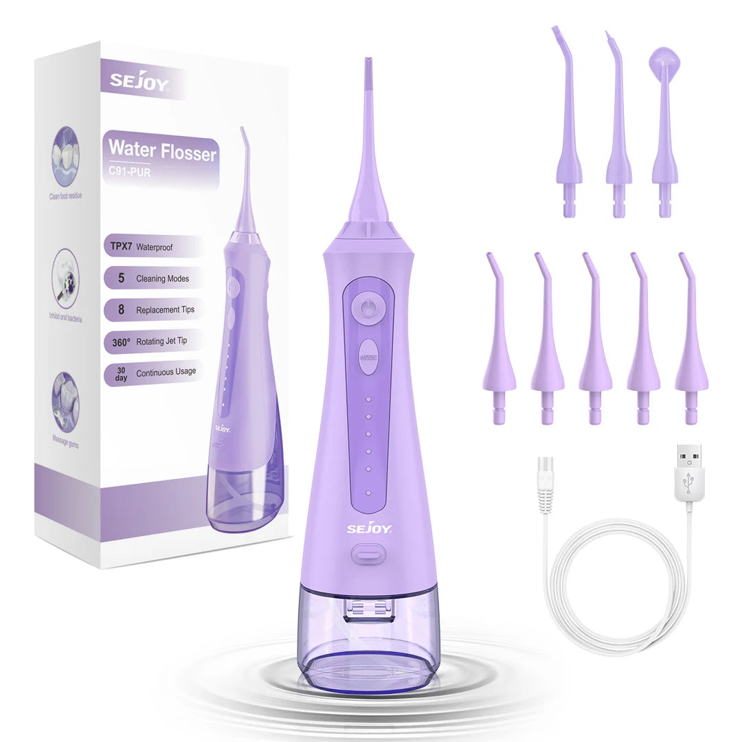SEJOY Portable Electric Water Flosser Irrigator Dental Teeth Whitening strips 230ML Tank 5 Modes 5 Jet Tips For Home Travel