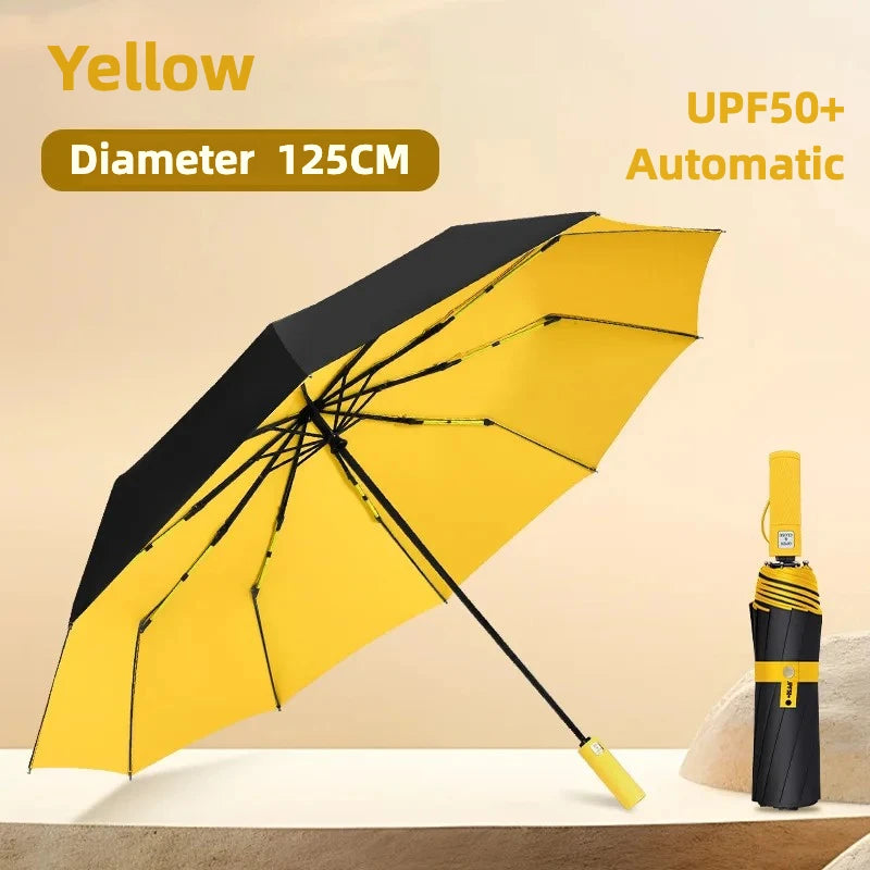 Windproof Automatic Folding Umbrella, 125CM Diameter Large Rain Umbrella, Sun UV UPF50+ Protection Umbrellas for Man and Women