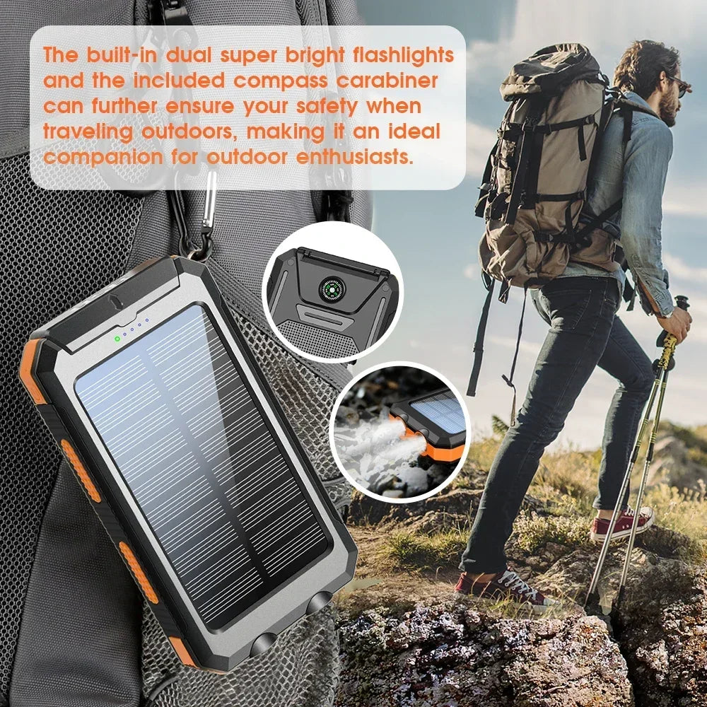 Solar Power Bank Portable Solar Charger Waterproof Dual 5V USB Ports 2 LED Light Flashlight For Cell IPhone Outdoor